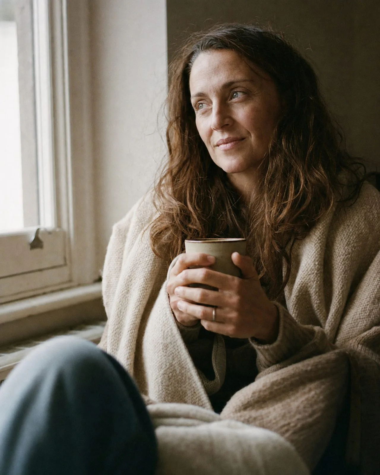 Élodie enveloppée dans un plaid, une tasse entre les mains, un début de sourire