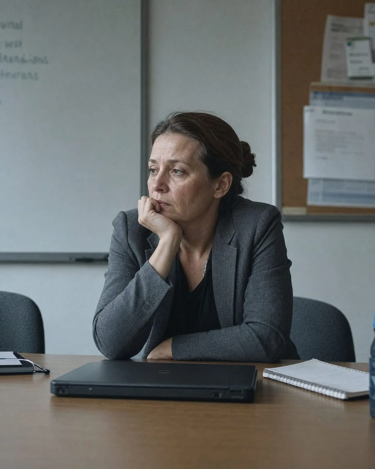 Nadia à une table, ordinateur fermé, le menton dans la main
