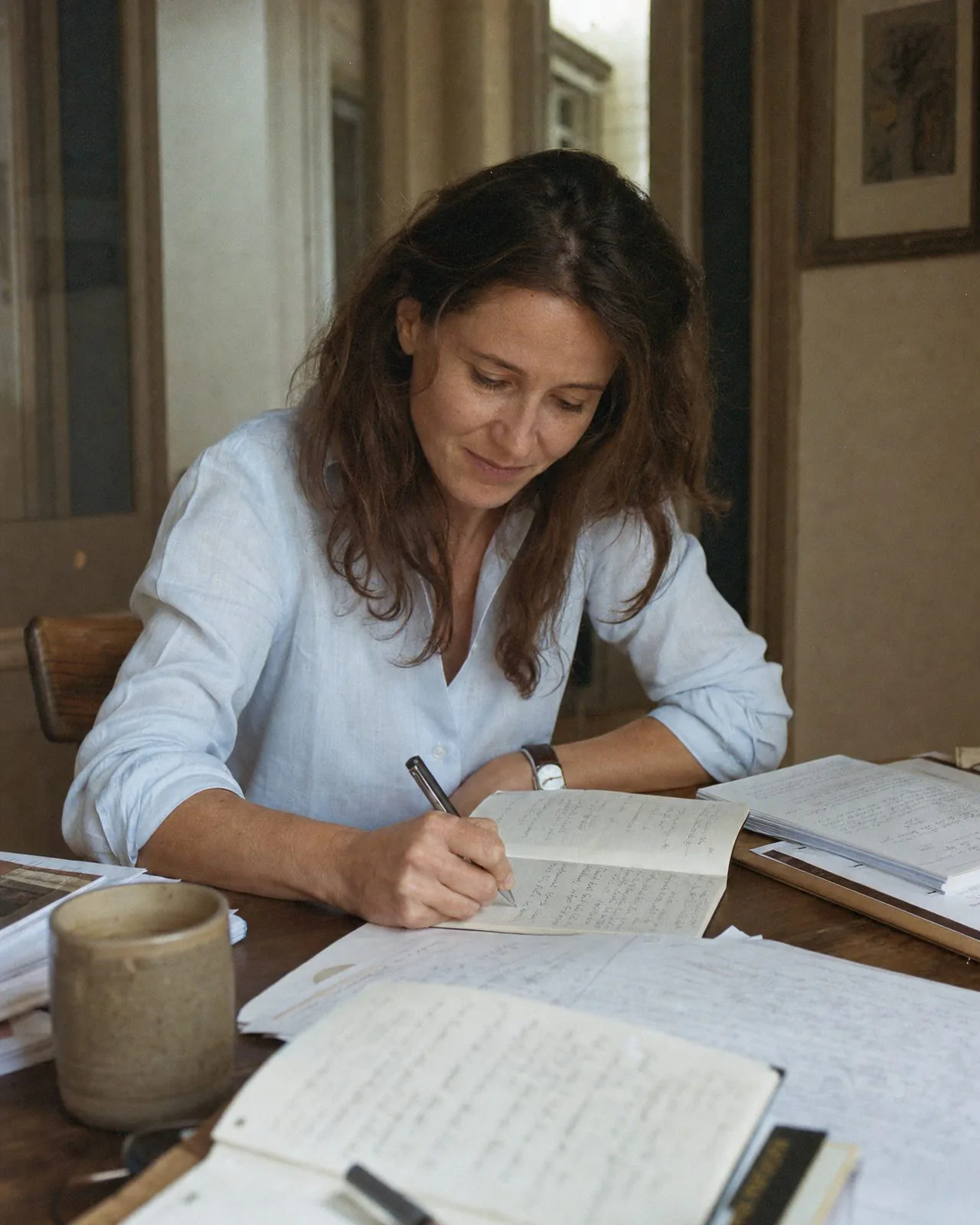 Nadia écrit dans un carnet, manches retroussées, concentrée